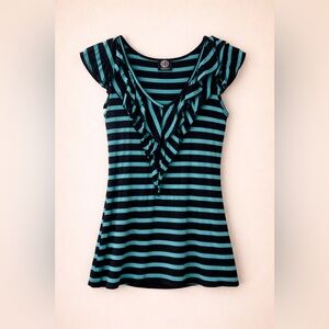 Bobeau Ruffle Neck Top Black Teal Stripe Casual